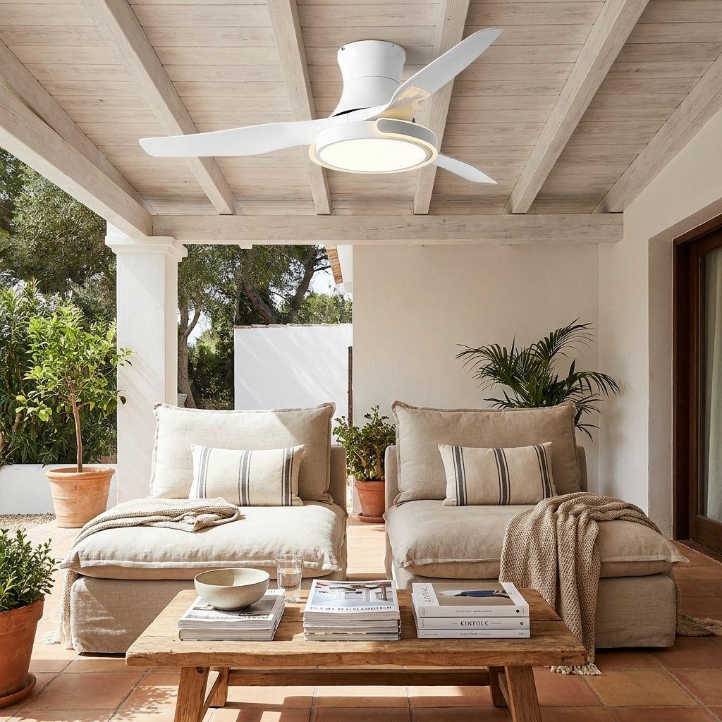 Kestral white ceiling fan light on a shaded covered patio