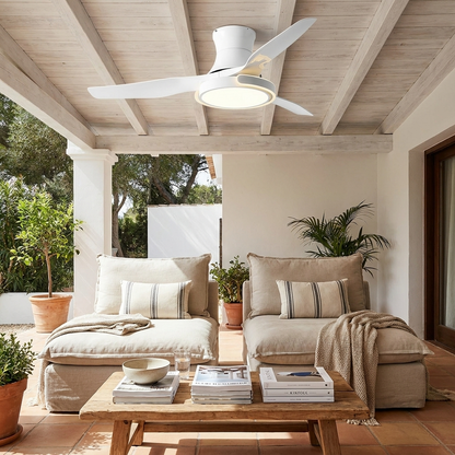 Kestral white ceiling fan light on a shaded covered patio