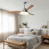Pallas Nordic gray solid wood ceiling fan light in a calm primary bedroom