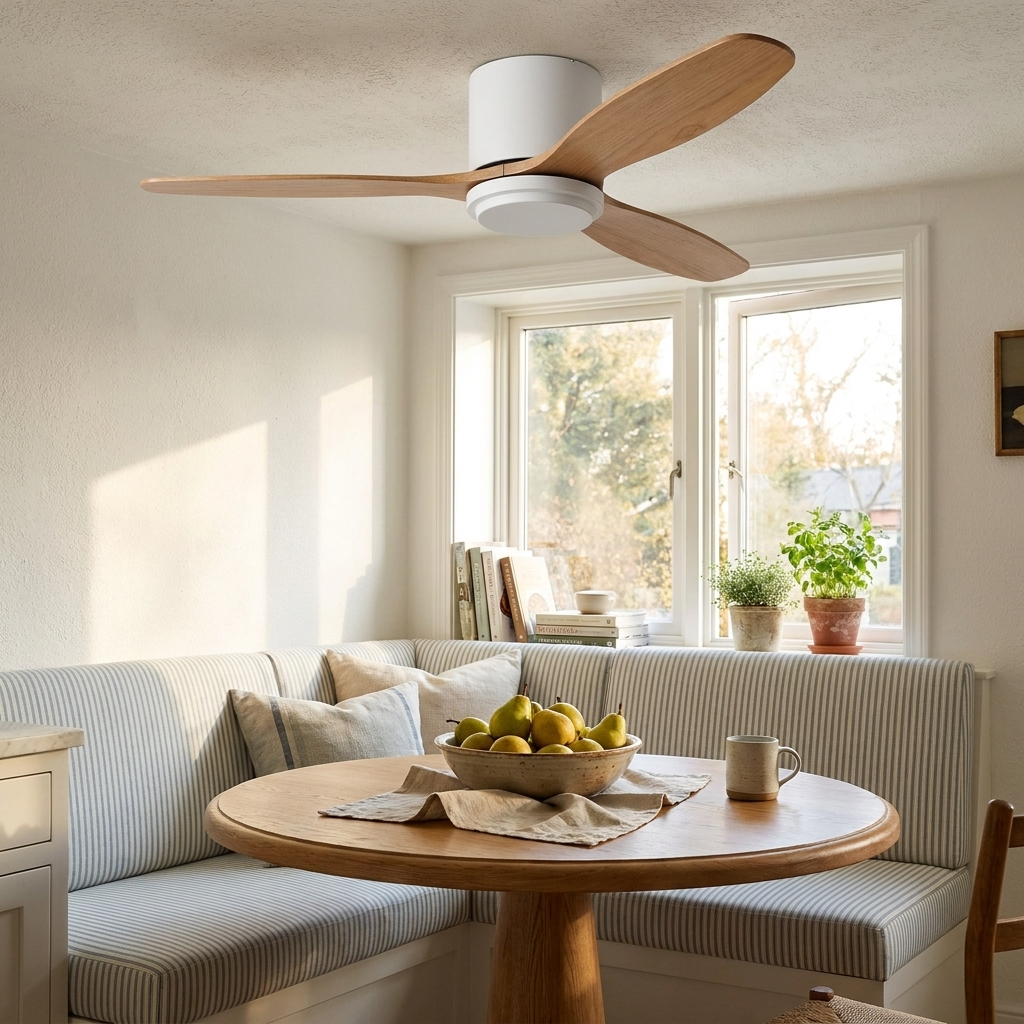Javel Nordic white wood ceiling fan with light over a breakfast nook