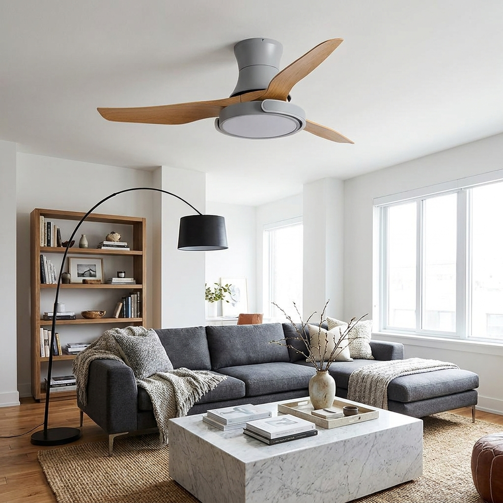 Kestral gray ceiling fan light in a contemporary living room