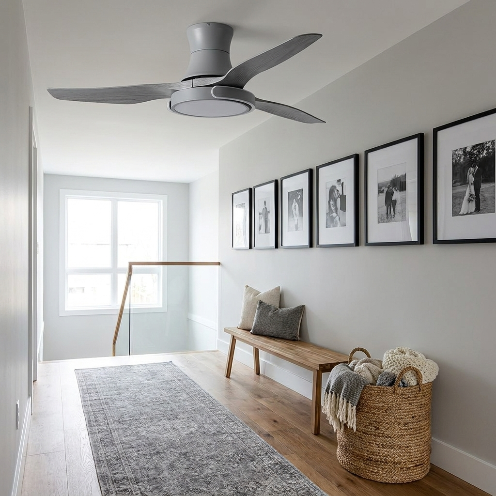 Kestral gray ceiling fan light on a modern hallway landing