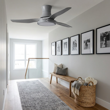 Kestral gray ceiling fan light on a modern hallway landing