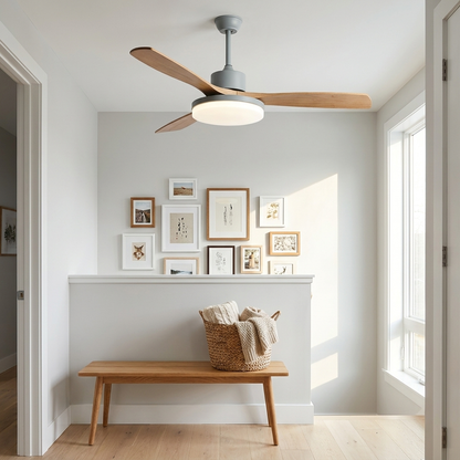 Pallas Nordic gray wood blade ceiling fan light on a hallway landing