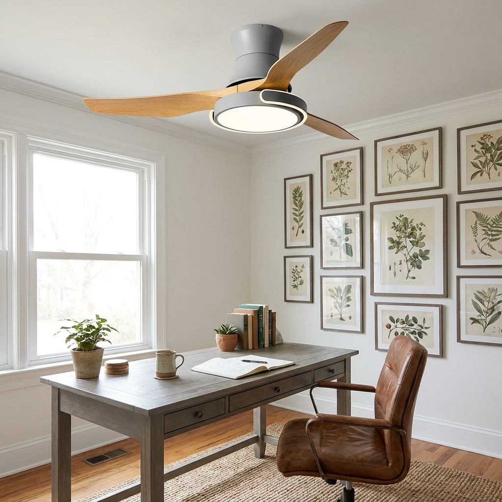 Kestral gray ceiling fan light in a quiet home study