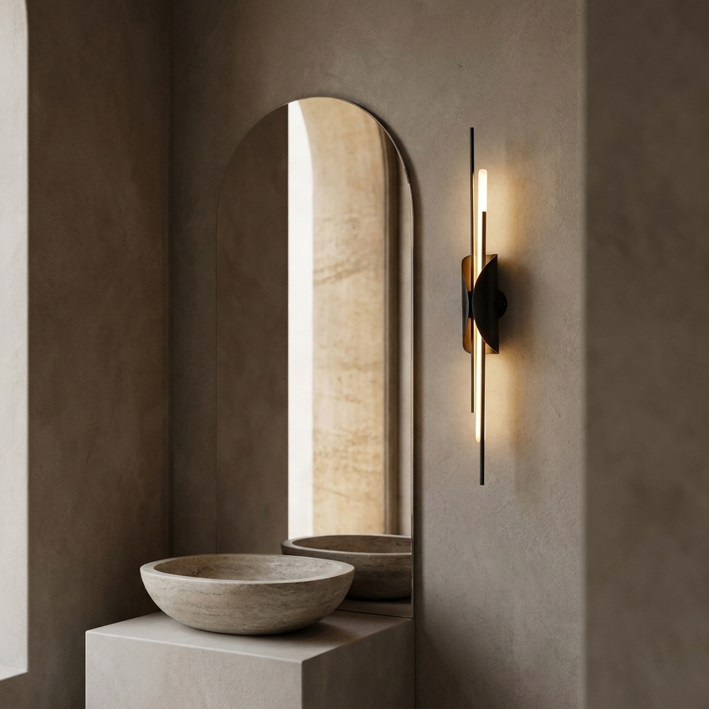 Verlaine black brass linear wall sconce beside an arched mirror in a minimalist bathroom