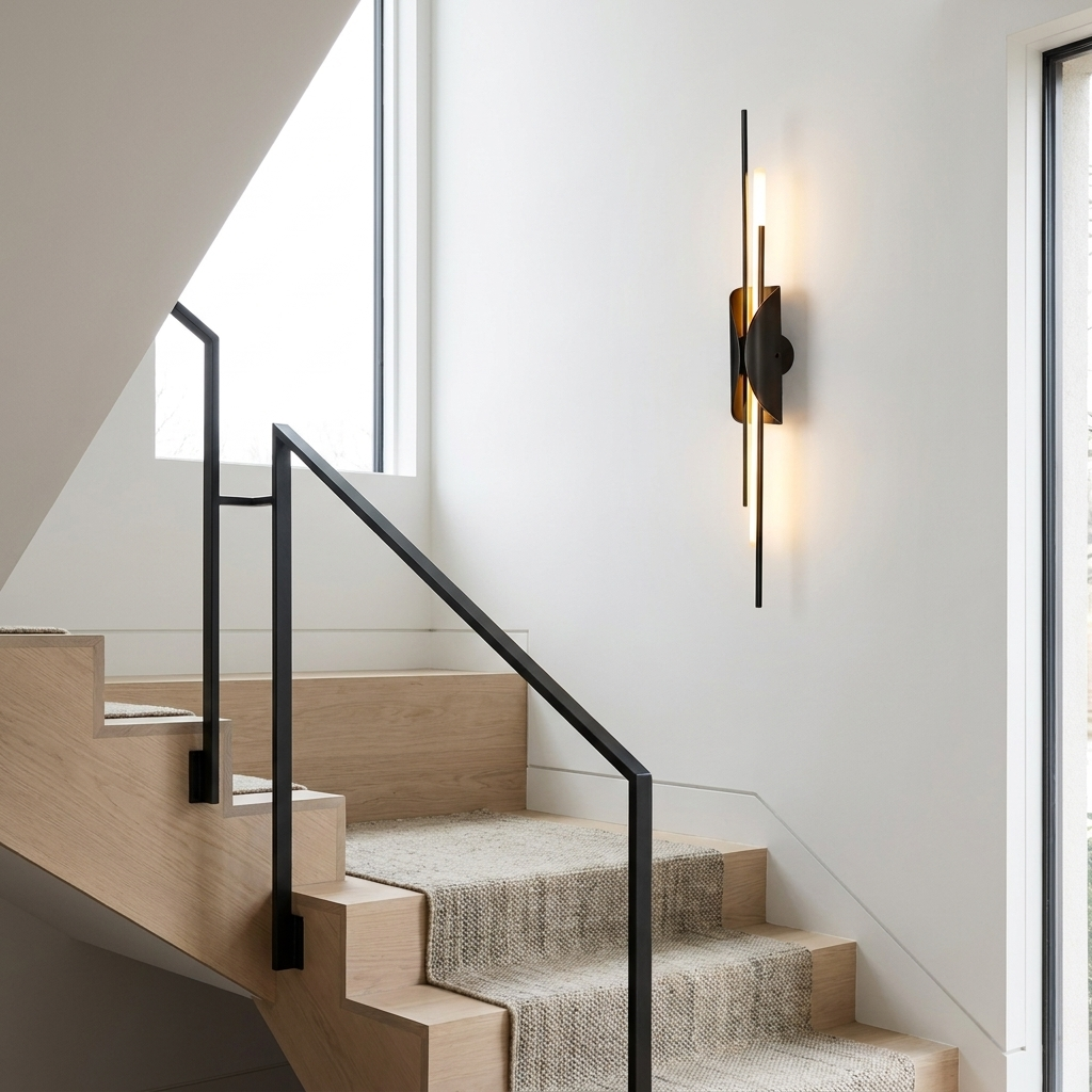 Verlaine black brass linear wall sconce on a modern stairwell landing with pale oak stairs
