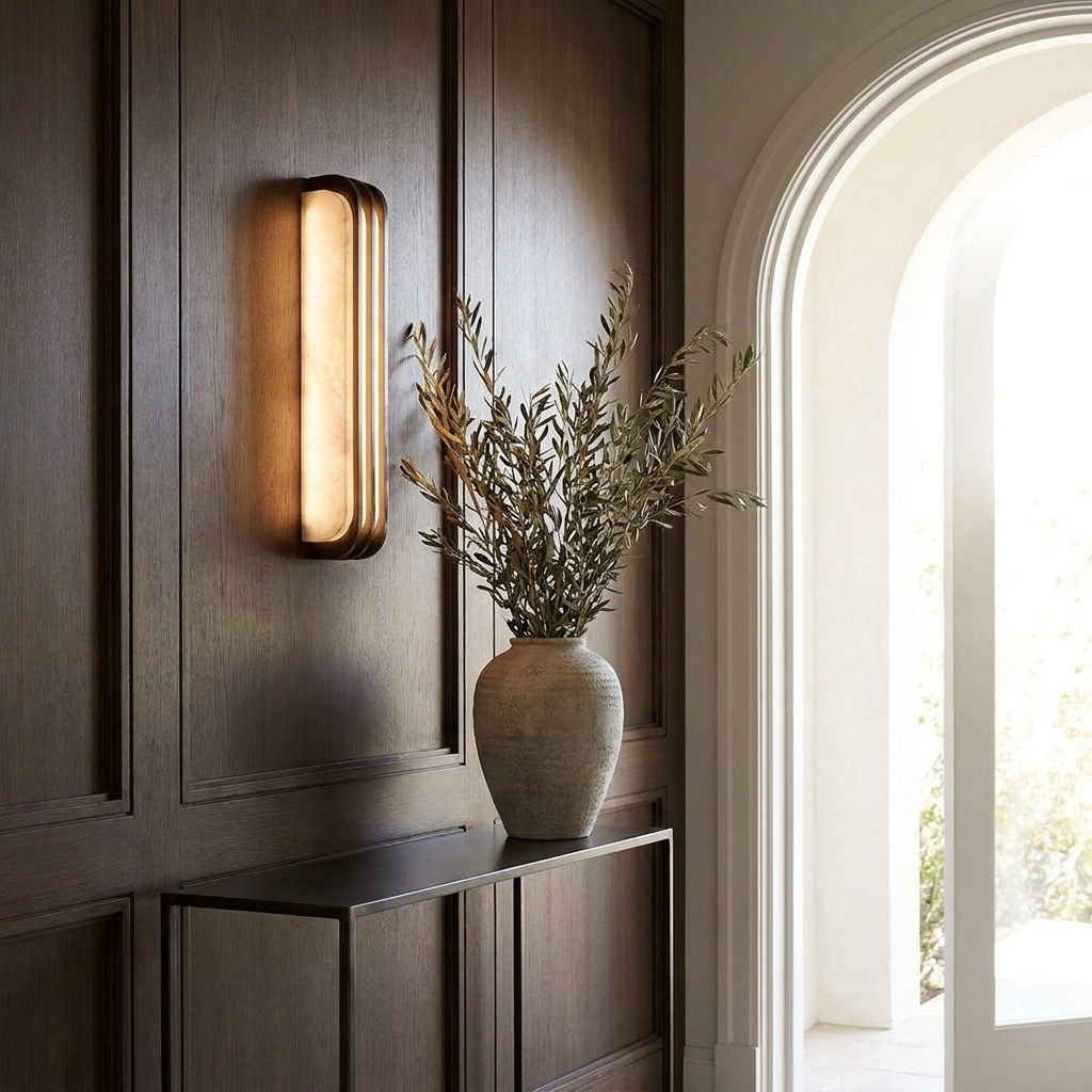 Marble vertical wall light glowing in a panelled entryway above a slim console table