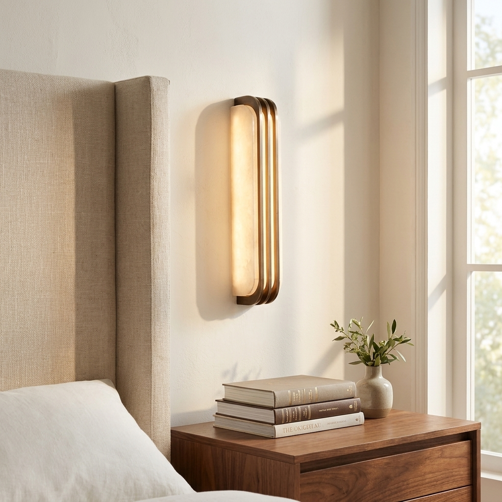 Vertical marble wall sconce lit above a walnut nightstand in a bright primary bedroom