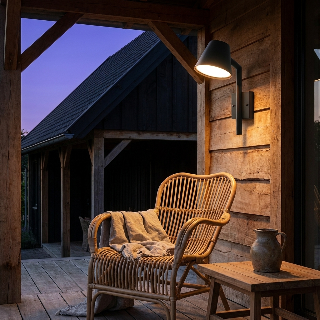 Matte black cone outdoor wall light glowing on covered timber porch with rattan seating at dusk