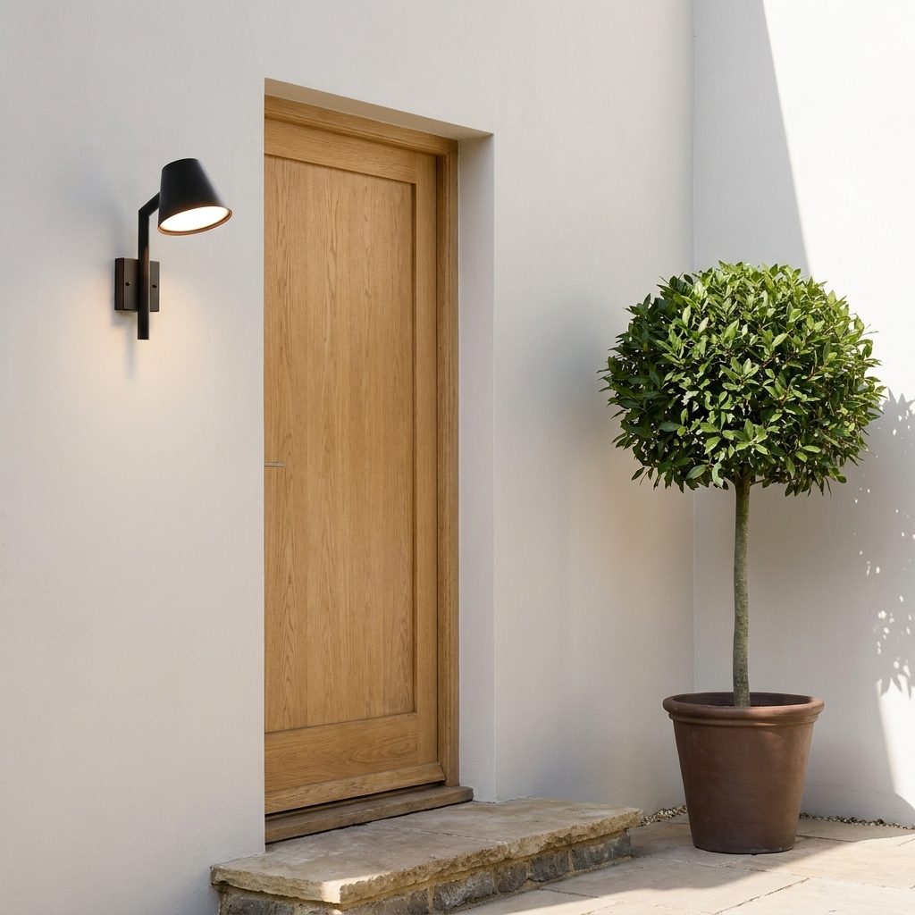 Black angular cone outdoor wall sconce on rendered house facade beside oak front door in daylight