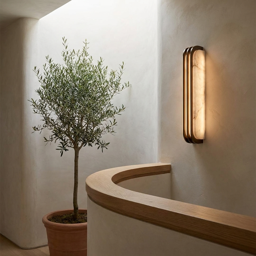 Tall marble LED wall light on a stairwell landing with oak handrail and olive tree