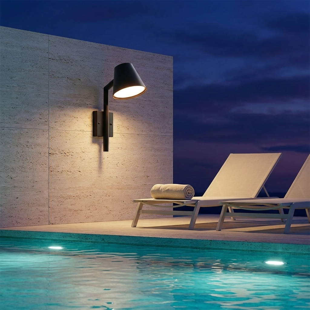 Black cone wall light on travertine poolside wall with loungers and lit pool at dusk