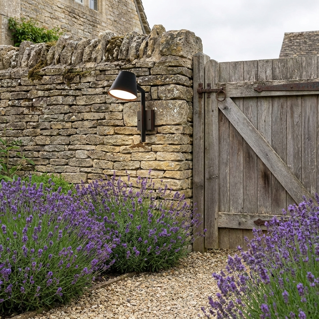 Cone outdoor wall sconce on limestone garden boundary wall beside gravel path and lavender