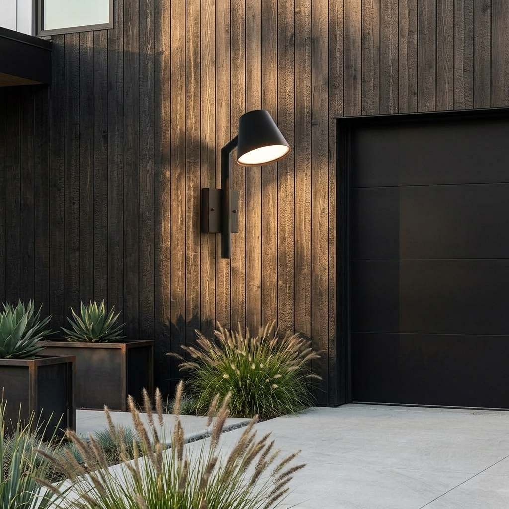 Angular cone outdoor sconce on charred cedar timber clad wall beside modern garage in sunlight