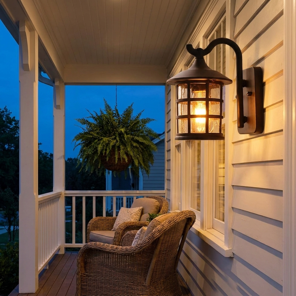 Black lantern wall light glowing on covered porch with rattan chairs at dusk