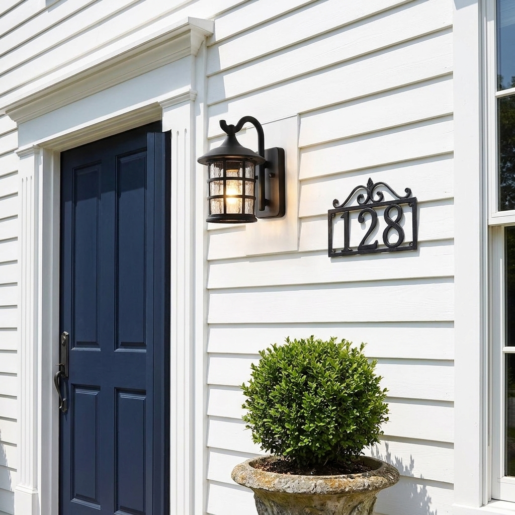 Black farmhouse lantern outdoor wall light on white clapboard facade by navy front door