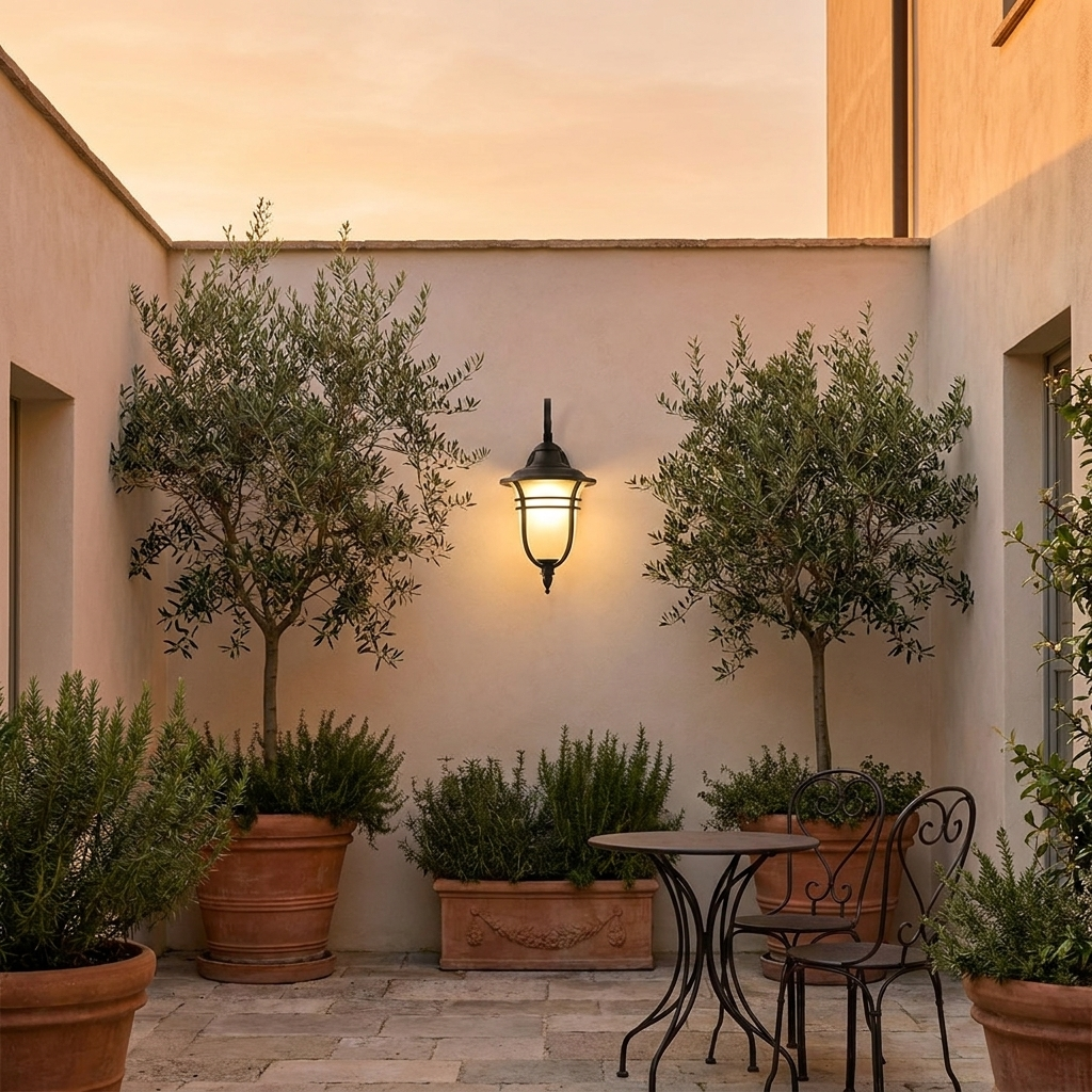 Traditional black lantern wall light glowing in plaster courtyard with olive planters at dusk