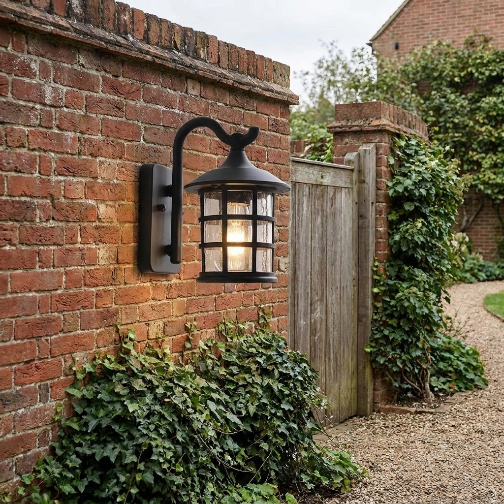 Black outdoor lantern mounted on brick garden wall beside gravel path