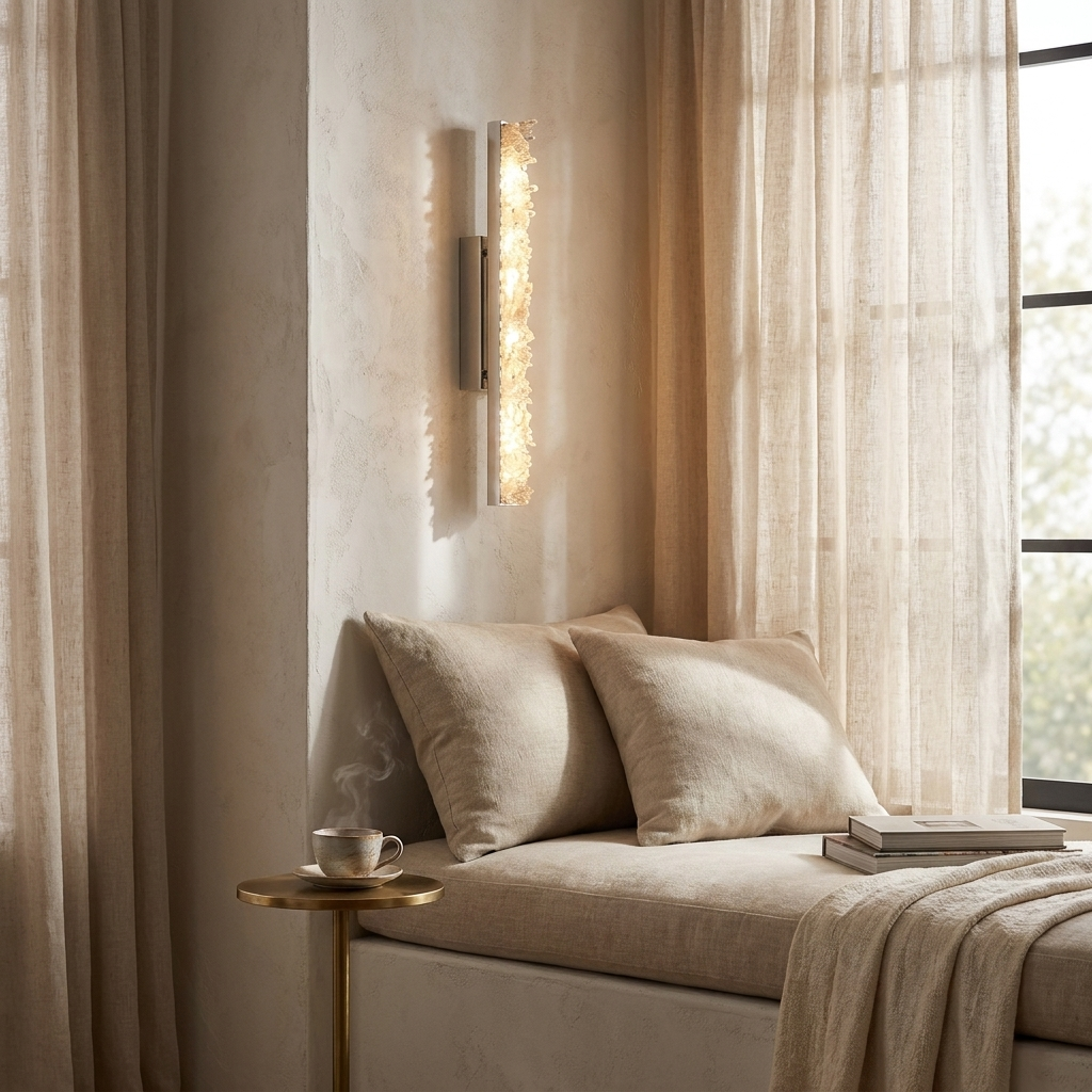 Crystal wall sconce lighting a reading nook window seat with linen cushions