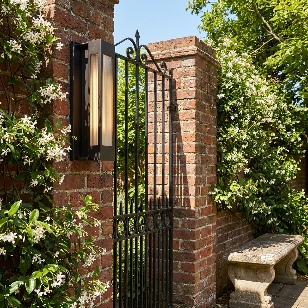 Slim exterior wall sconce on a red brick garden wall with climbing jasmine in bright daylight