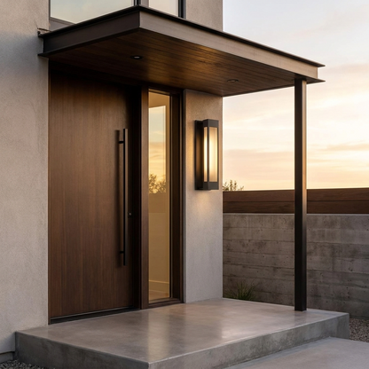 Slim outdoor wall sconce lit at dusk beside a modern entry canopy and tall pivot door