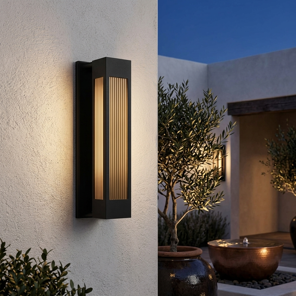 Exterior LED wall sconce glowing at night on a plastered courtyard wall with olive trees