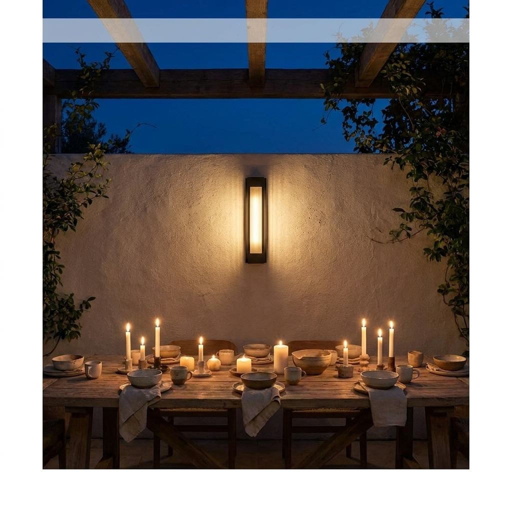 Slim wall sconce lighting an evening patio dining area with timber table under a pergola