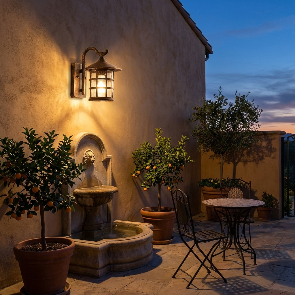 Antique bronze lantern lighting a stucco courtyard with fountain at twilight