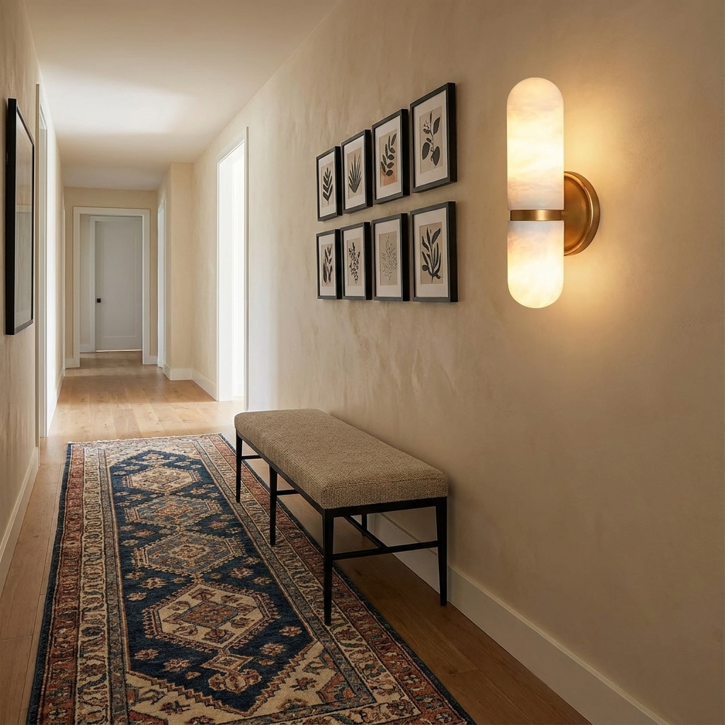 Cassine Double Marble Wall Sconce in a hallway above a wool runner and bench