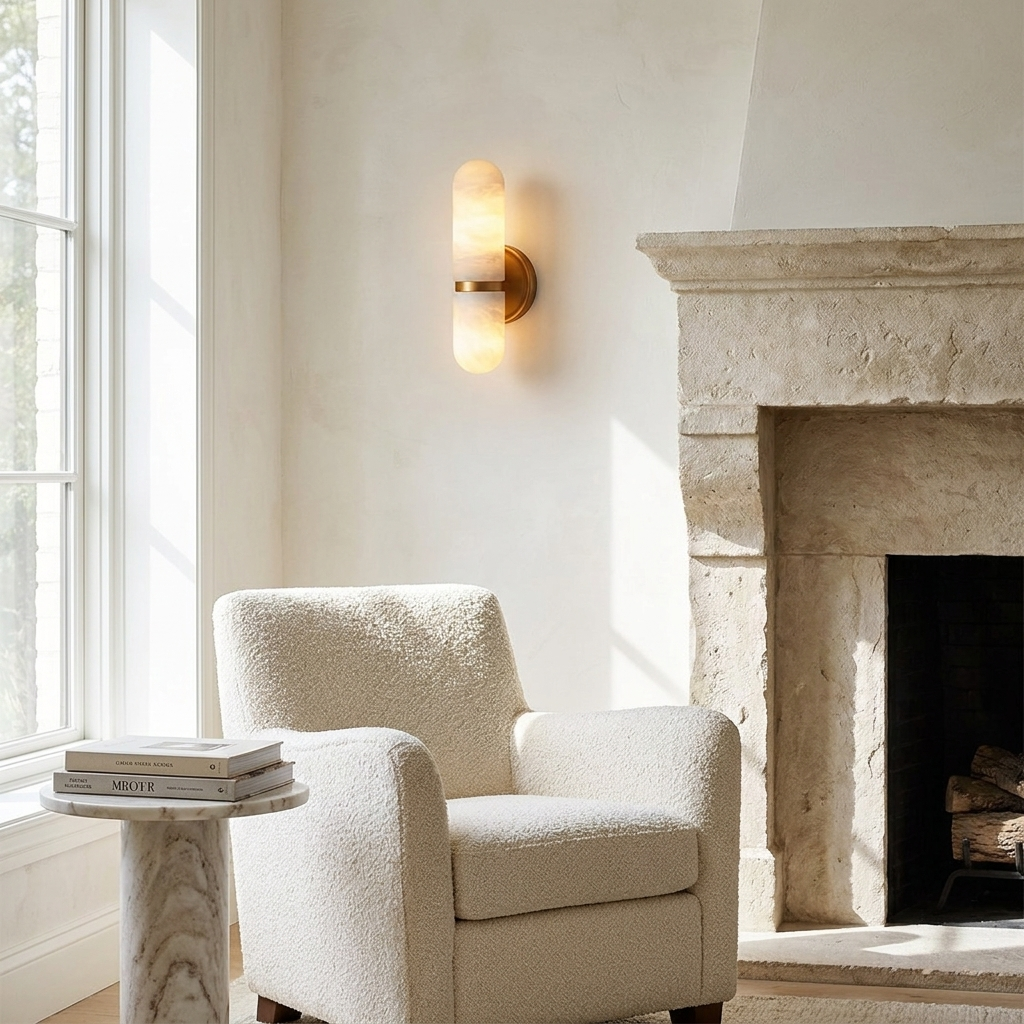 Cassine Double Marble Wall Sconce in a sitting room beside a limestone fireplace