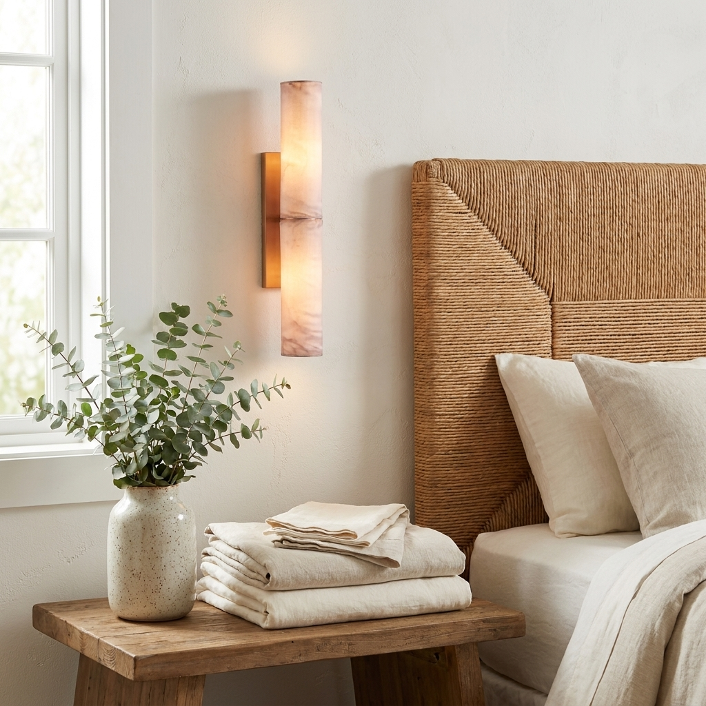 Natural copper marble cylinder wall sconce lit beside a rattan headboard in a bedroom