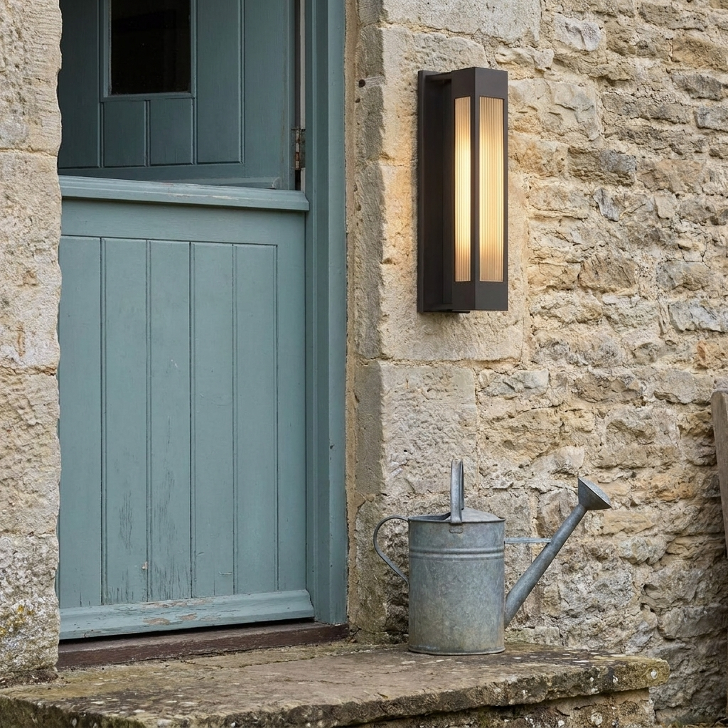 Exterior wall sconce on a limestone cottage wall beside a painted stable door in daylight