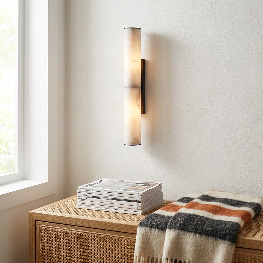 Black copper marble cylinder wall sconce above a cane table in a guest bedroom