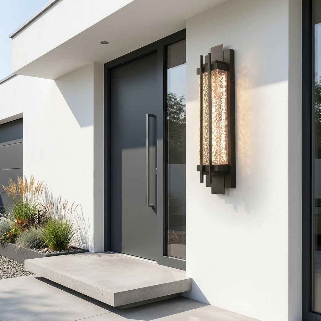 Linear black steel outdoor wall light on white render modern facade by pivot door