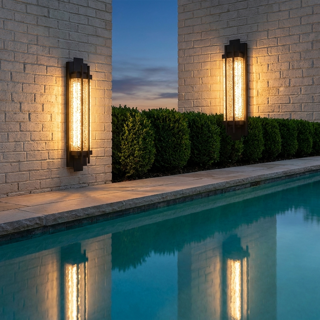 Black steel wall sconce glowing on poolside brick wall at dusk
