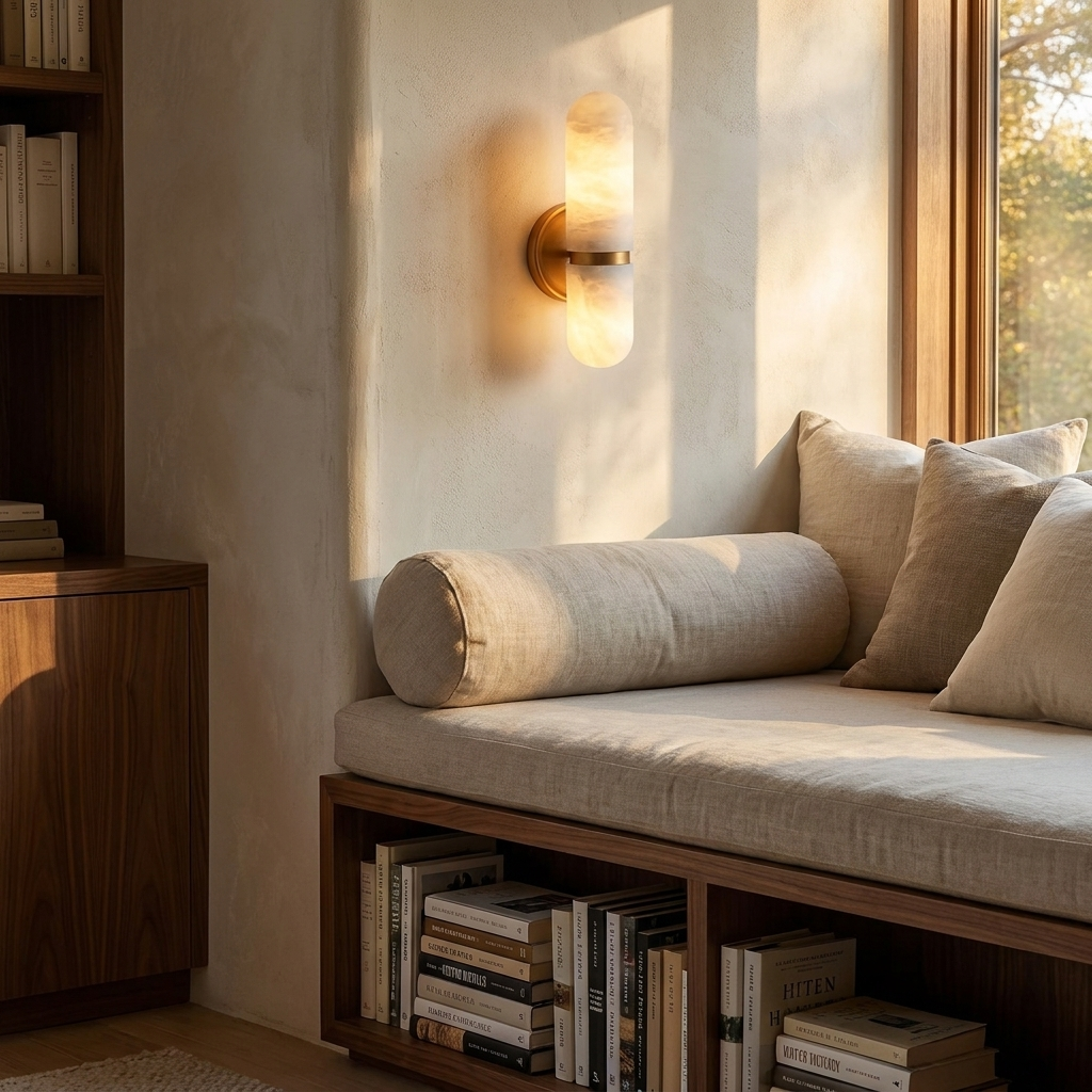 Cassine Double Marble Wall Sconce in a reading nook by a window seat