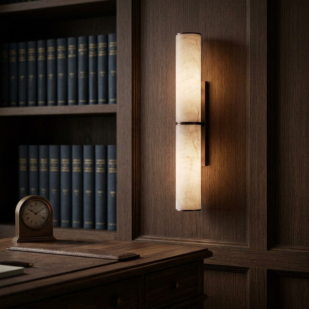Black copper marble wall light casting warm light in a dark oak study