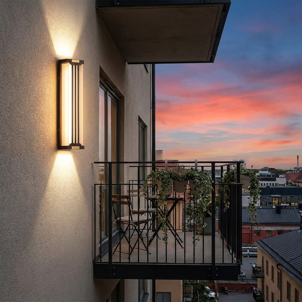 Up and down wall sconce lit at dusk on an apartment balcony with bistro table and plants