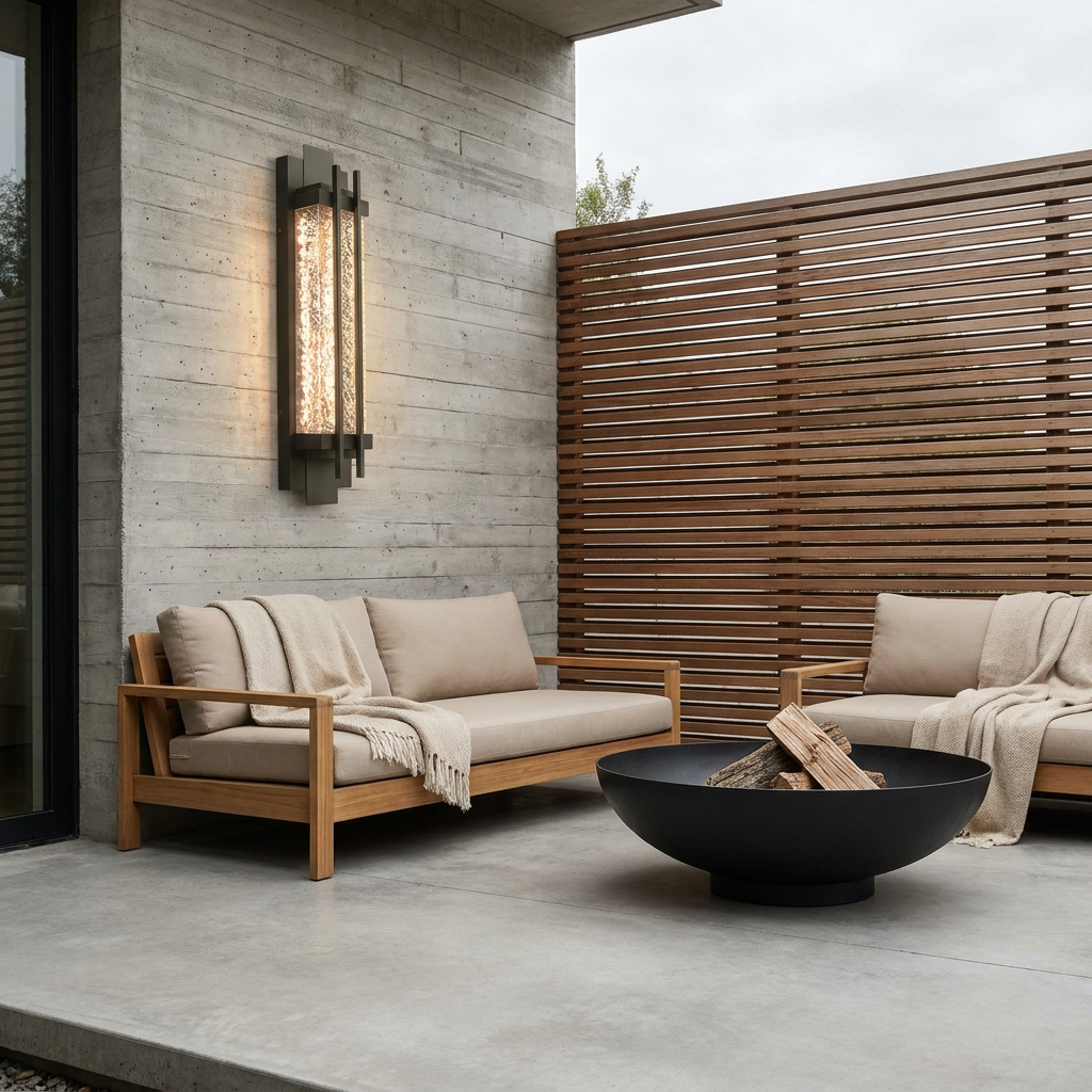 Linear outdoor sconce on concrete patio wall with teak sofa and fire bowl