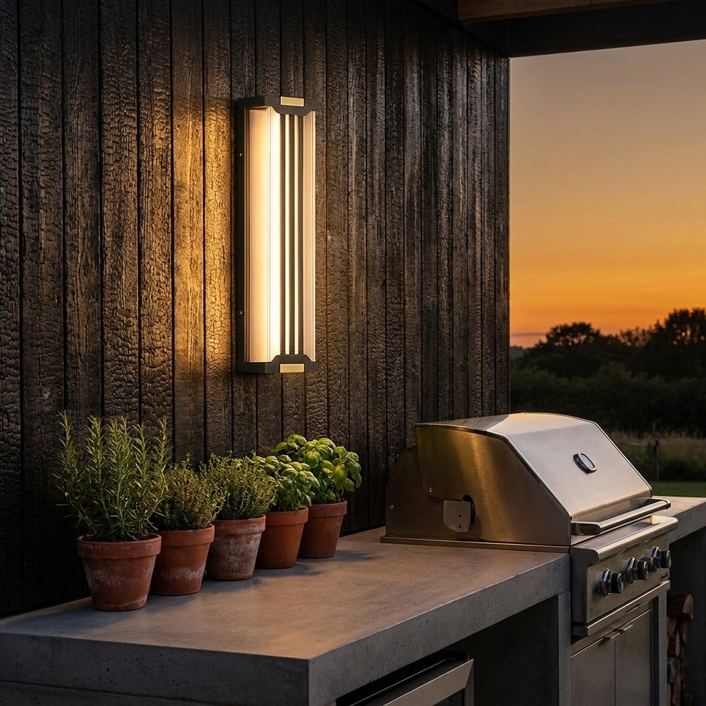 Outdoor wall sconce grazing a charred timber wall above an outdoor kitchen at sunset