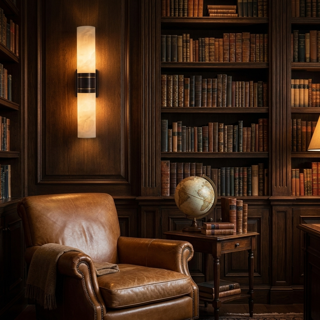 Marbeuf Vertical Marble Wall Sconce black in a dark oak study with bookshelves