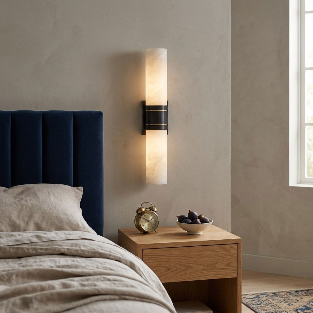 Marbeuf Vertical Marble Wall Sconce black in a bedroom beside a tufted headboard