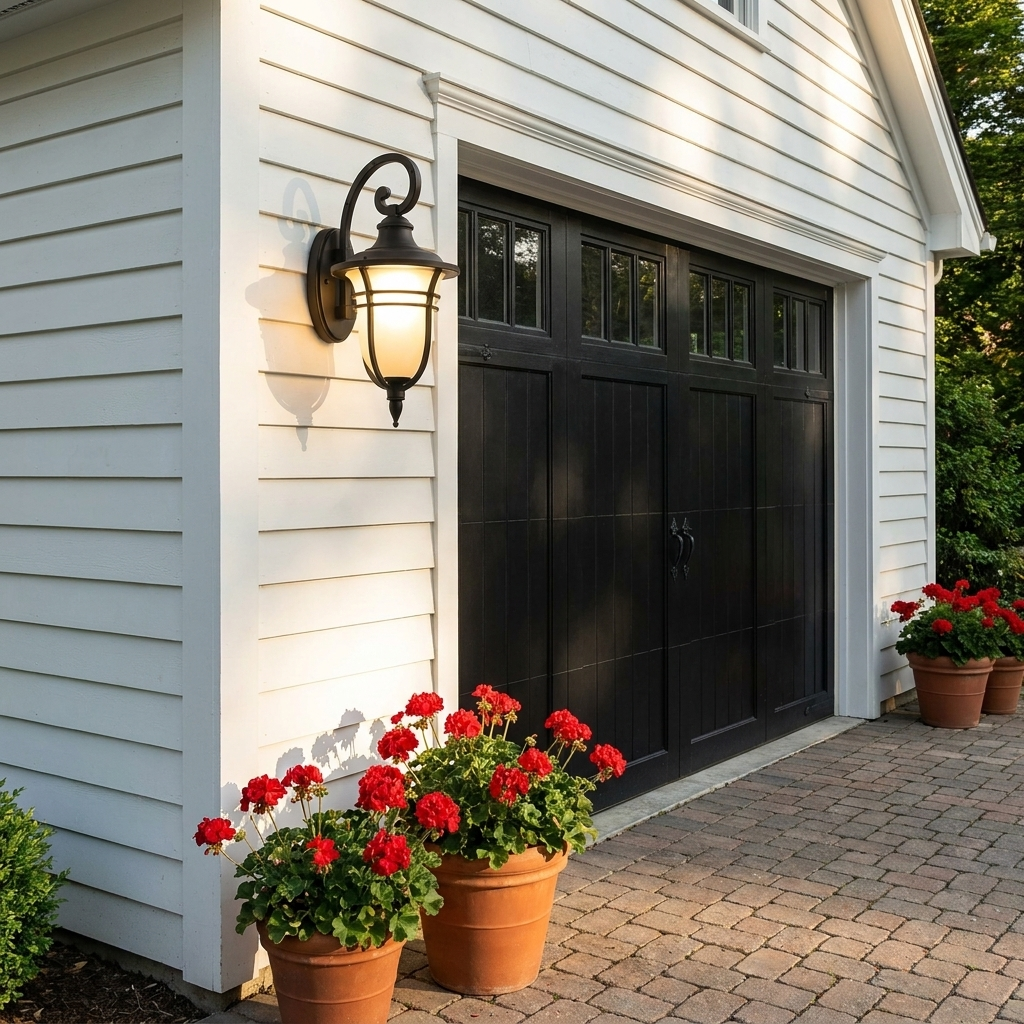 Black lantern wall sconce on white weatherboard garage exterior with driveway in daylight