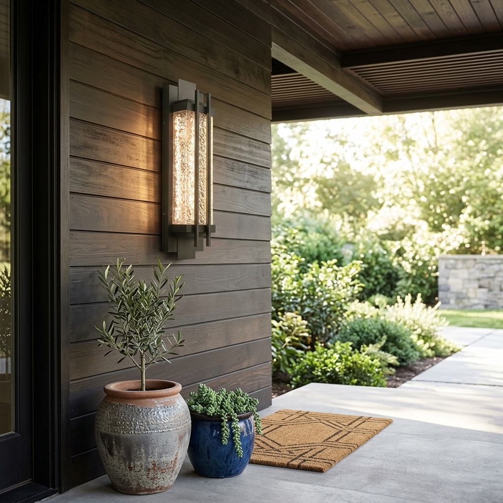 Tall black wall sconce on timber clad covered porch with ceramic planters