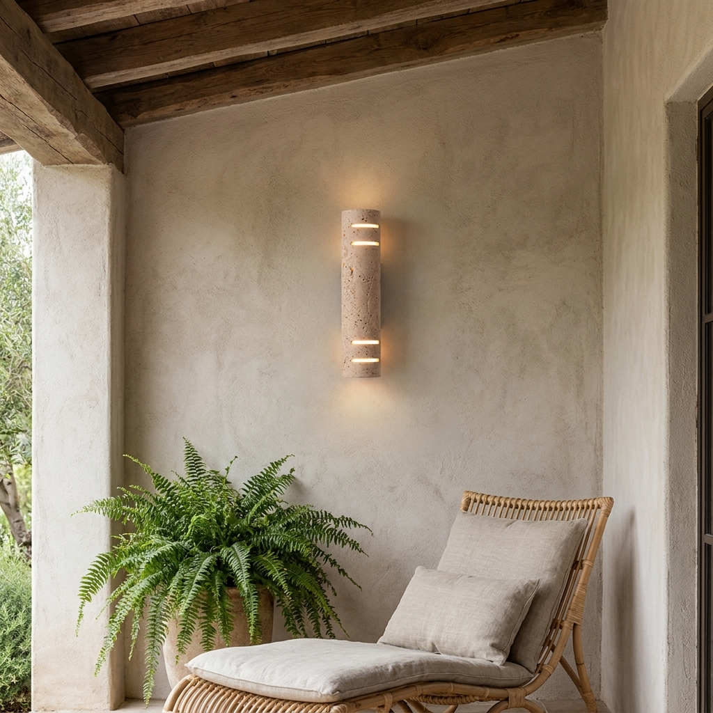 Stone outdoor sconce lighting a covered porch with timber beams and lounge chair