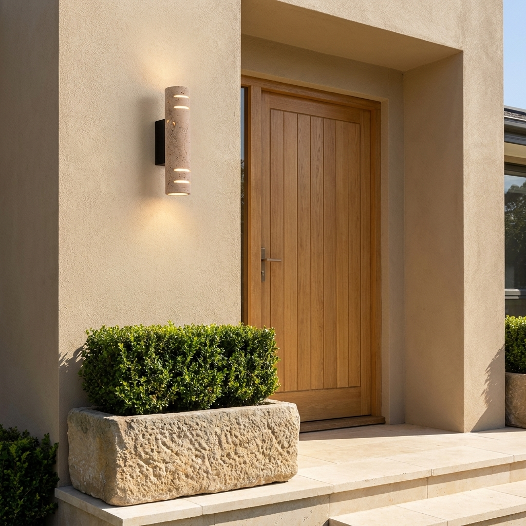 Travertine outdoor wall light beside an oak front door on a modern house facade