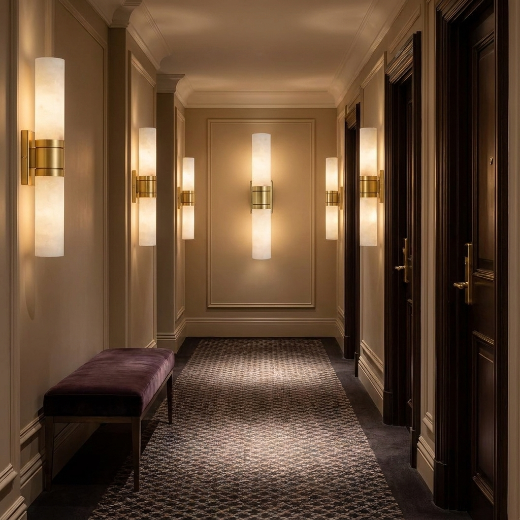 Marbeuf Vertical Marble Wall Sconce gold in an elegant hotel corridor