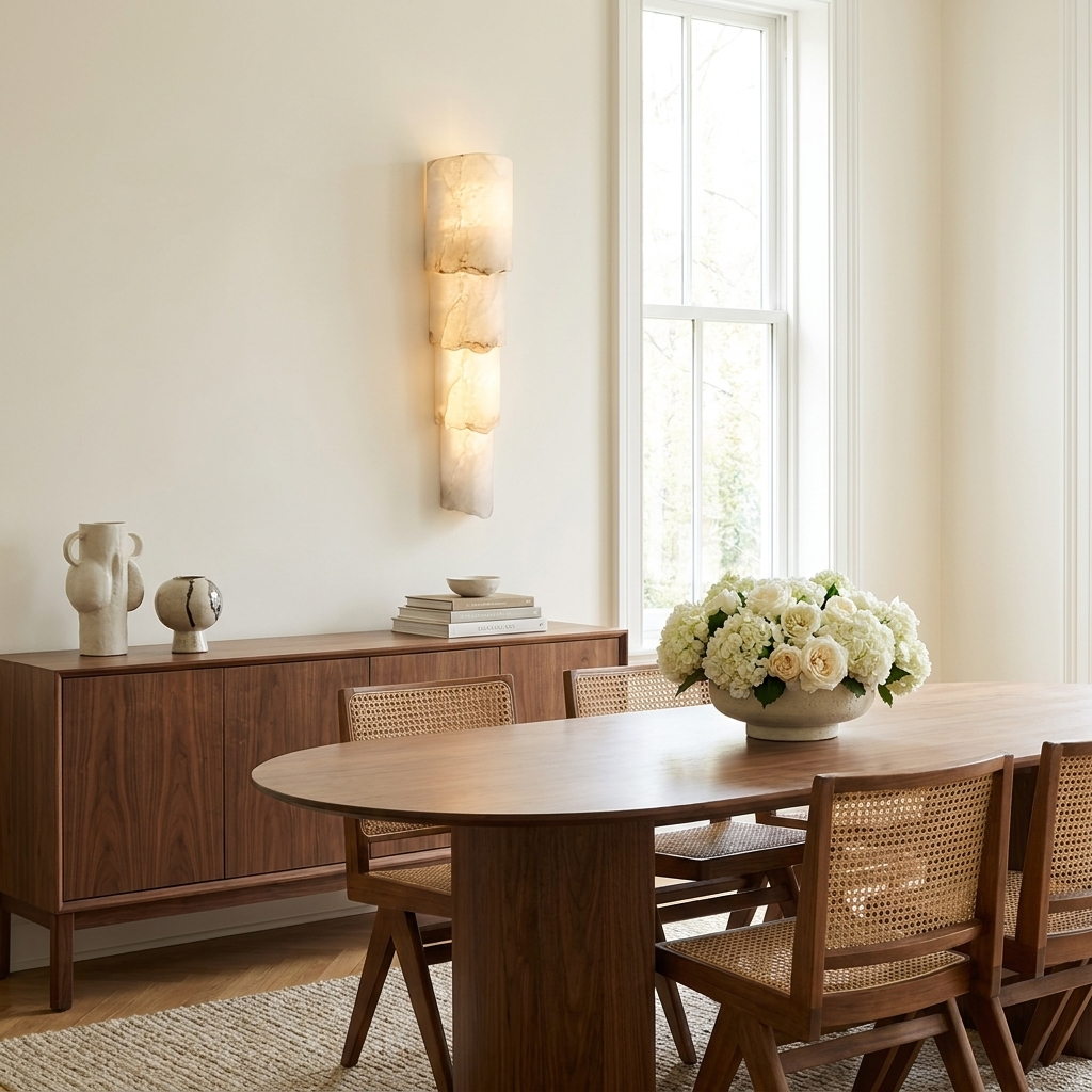 Lorient Layered Sculptural Wall Sconce in a dining room above a walnut sideboard