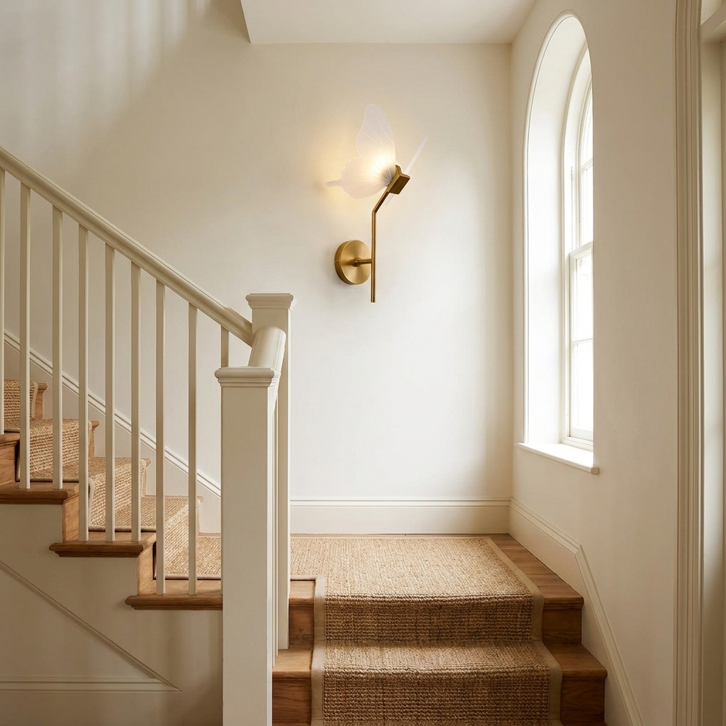 Brass butterfly wall sconce on a sunlit stairwell landing with arched window